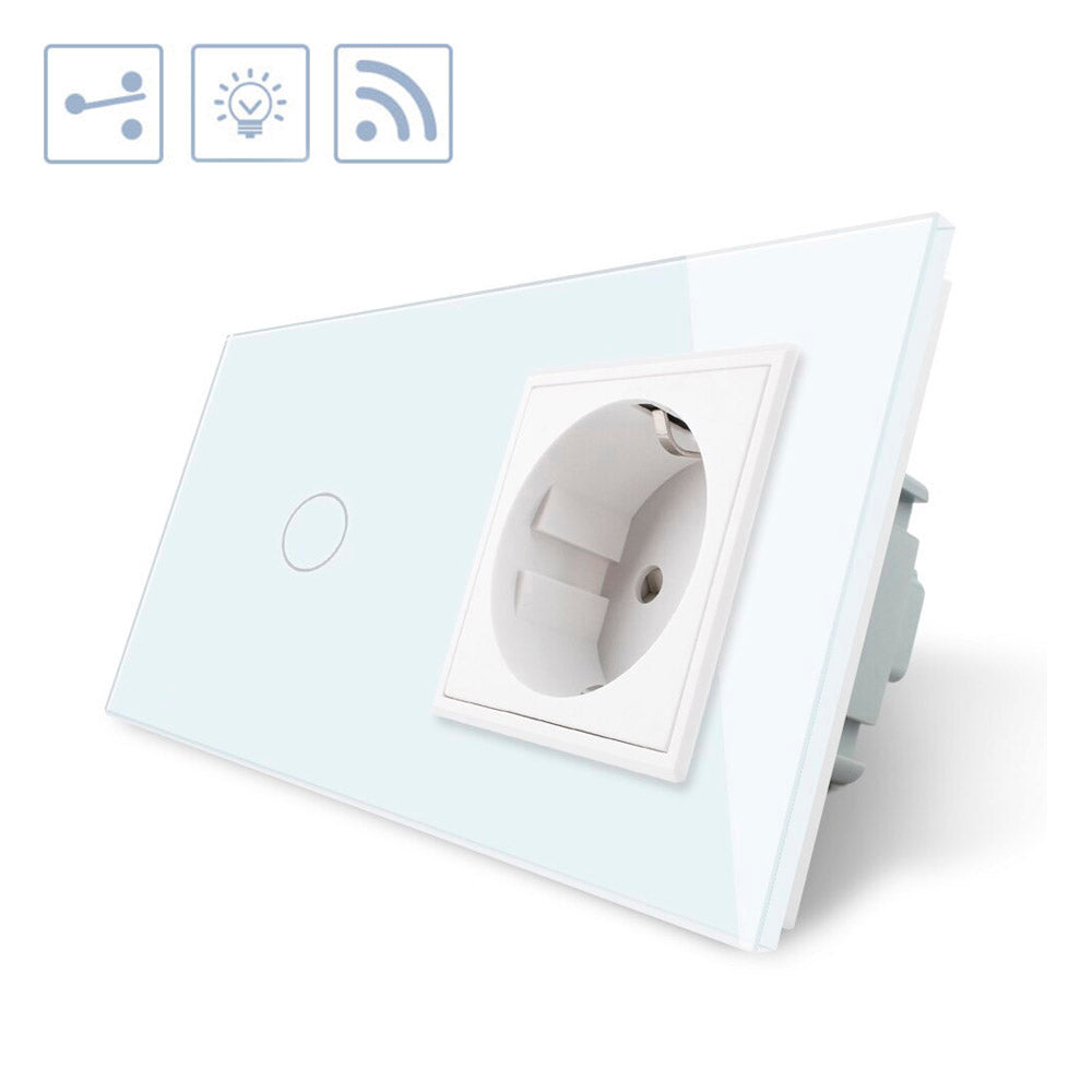 Conmutador doble de 2 cuerpos con 1 encendido + 1 enchufe en color blanco con función de control remoto (vía RF). Interruptor eléctrico de empotrar con cuerpo de aluminio y panel frontal táctil iluminado de cristal templado con acabado de alta calidad y diseño minimalista. Incluye marco interior del color del cristal.