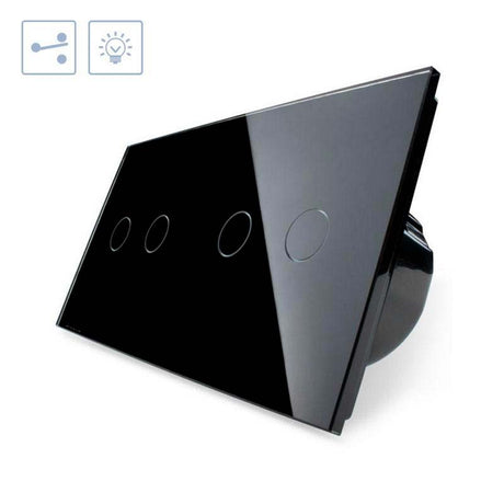 Conmutador doble de 2 cuerpos con 4 encendidos en color negro. Conmutador eléctrico de empotrar con cuerpo de aluminio y panel frontal táctil iluminado de cristal templado con acabado de alta calidad y diseño minimalista.