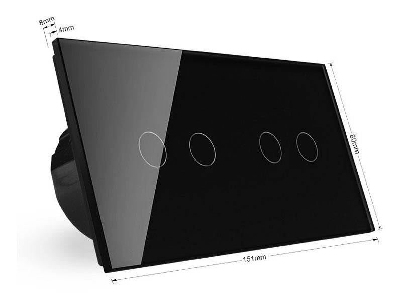 Conmutador doble de 2 cuerpos con 4 encendidos en color negro. Conmutador eléctrico de empotrar con cuerpo de aluminio y panel frontal táctil iluminado de cristal templado con acabado de alta calidad y diseño minimalista.