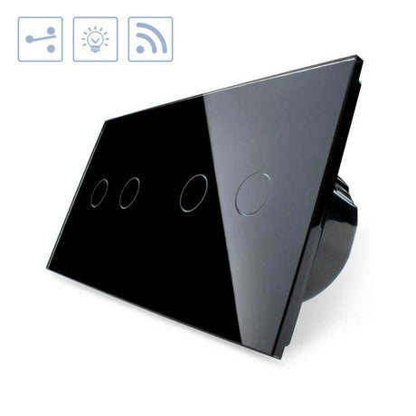 Conmutador doble de 2 cuerpos con 4 encendidos en color negro con función de control remoto (vía RF). Conmutador eléctrico de empotrar con cuerpo de aluminio y panel frontal táctil iluminado de cristal templado con acabado de alta calidad y diseño minimalista.