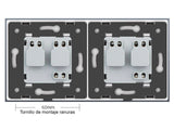 Enchufe doble tipo SCHUKO EU de 16A, compuesto de mecanismo (base) + clavija plástico + panel frontal de color negro. Mecanismo eléctrico de empotrar con cuerpo de aluminio y panel frontal de cristal templado con acabado de alta calidad y diseño minimalista. Incluye marco interior del color del frontal.