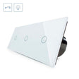 Interruptor de 3 módulos con 3 encendidos en color blanco. Interruptor eléctrico de empotrar con cuerpo de aluminio y panel frontal táctil iluminado de cristal templado con acabado de alta calidad y diseño minimalista.