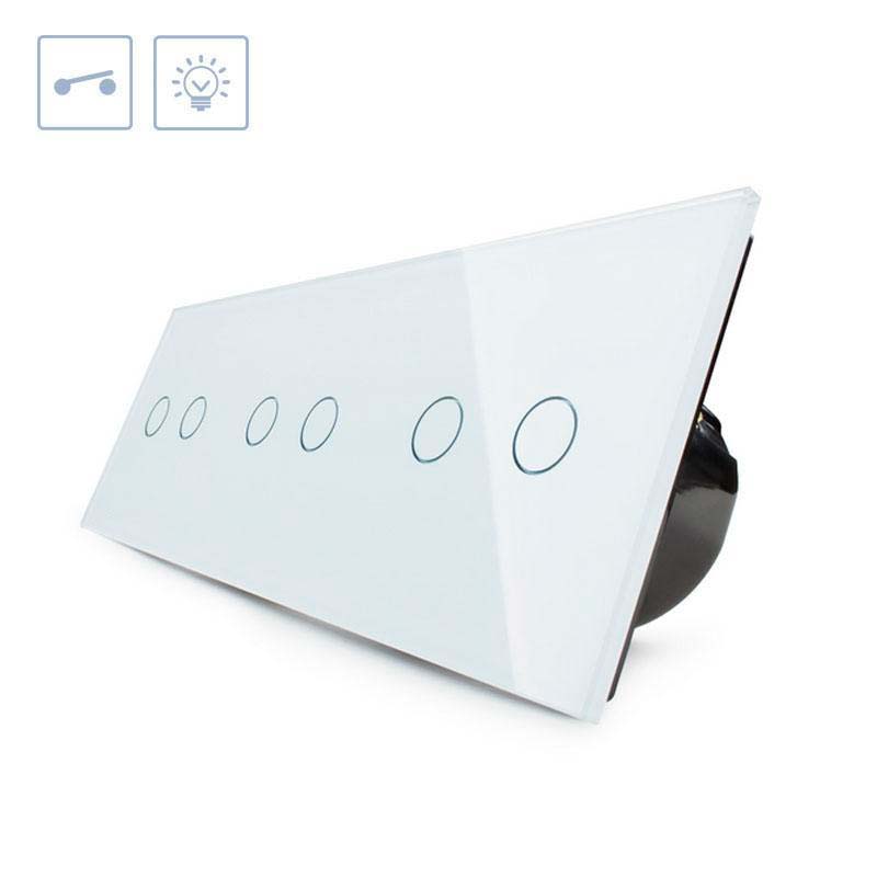 Interruptor de 3 módulos con 6 encendidos en color blanco. Interruptor eléctrico de empotrar con cuerpo de aluminio y panel frontal táctil iluminado de cristal templado con acabado de alta calidad y diseño minimalista.