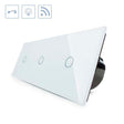 Interruptor de 3 cuerpos con 3 encendidos en color blanco con función de control remoto (vía RF). Interruptor eléctrico de empotrar con cuerpo de aluminio y panel frontal táctil iluminado de cristal templado con acabado de alta calidad y diseño minimalista.