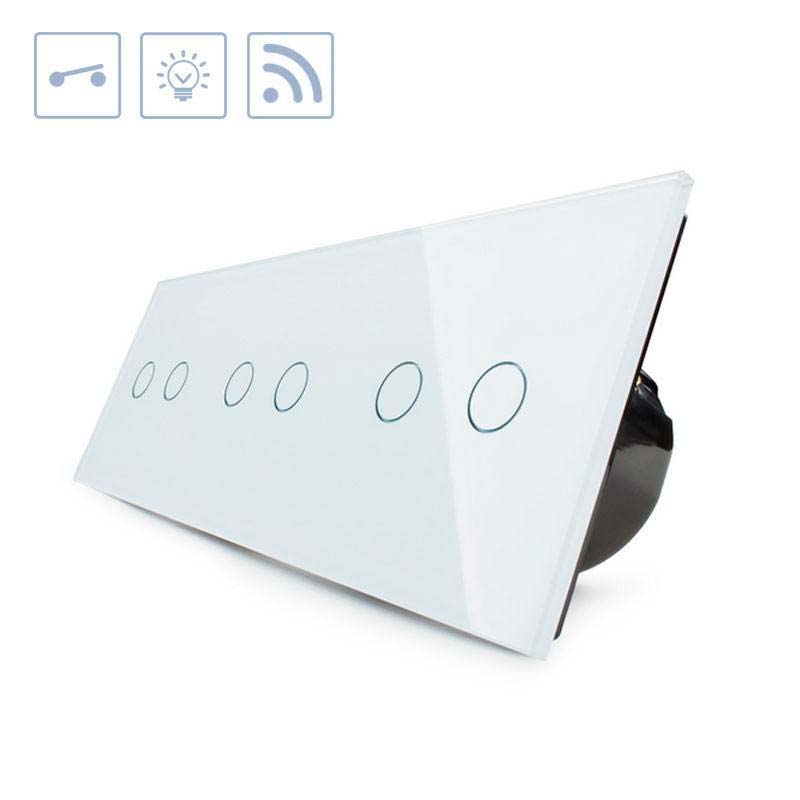 Interruptor de 3 cuerpos con 6 encendidos en color blanco con función de control remoto (vía RF). Interruptor eléctrico de empotrar con cuerpo de aluminio y panel frontal táctil iluminado de cristal templado con acabado de alta calidad y diseño minimalista.