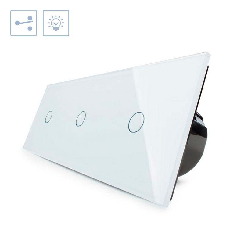 Conmutador de 3 módulos con 3 encendidos en color blanco. Interruptor eléctrico de empotrar con cuerpo de aluminio y panel frontal táctil iluminado de cristal templado con acabado de alta calidad y diseño minimalista.