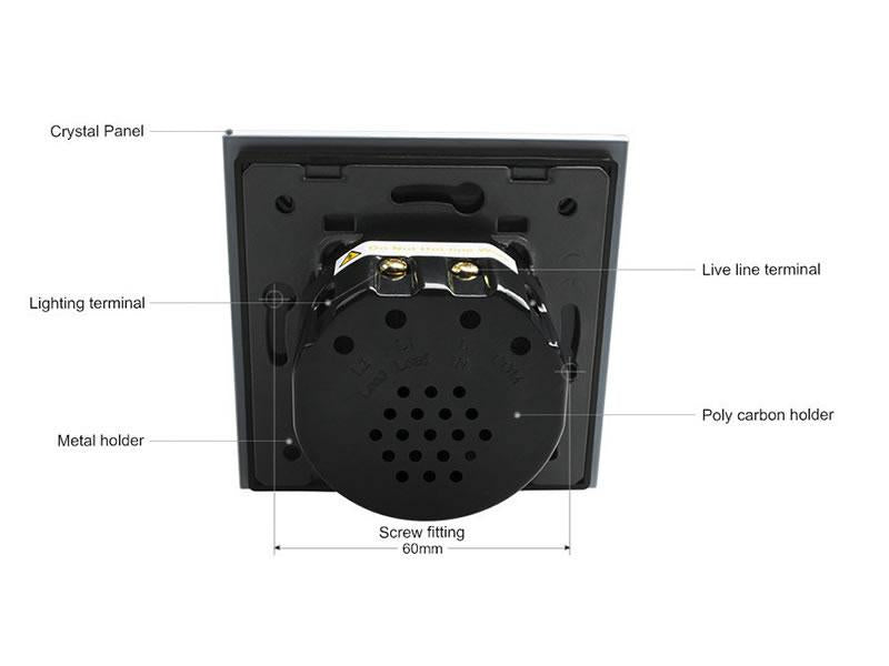 Conmutador de 3 módulos con 6 encendidos en color blanco. Interruptor eléctrico de empotrar con cuerpo de aluminio y panel frontal táctil iluminado de cristal templado con acabado de alta calidad y diseño minimalista.