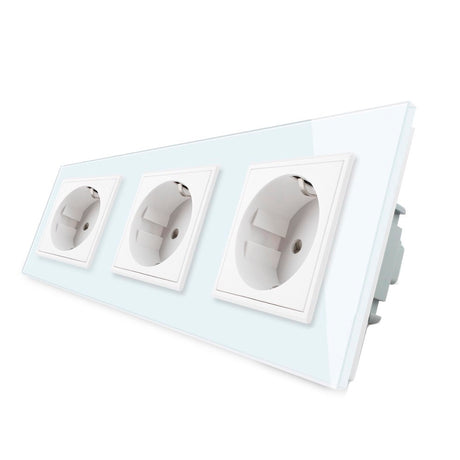 Enchufe triple tipo SCHUKO EU de 16A, compuesto de mecanismo (base) + clavija plástico + panel frontal vidrio. Mecanismo eléctrico de empotrar con cuerpo de aluminio y panel frontal de cristal templado con acabado de alta calidad y diseño minimalista. Incluye marco interior del color del frontal.