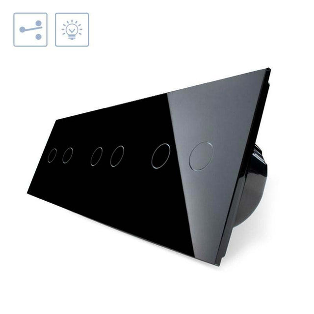 Conmutador de 3 módulos con 6 encendidos en color negro. Interruptor eléctrico de empotrar con cuerpo de aluminio y panel frontal táctil iluminado de cristal templado con acabado de alta calidad y diseño minimalista.