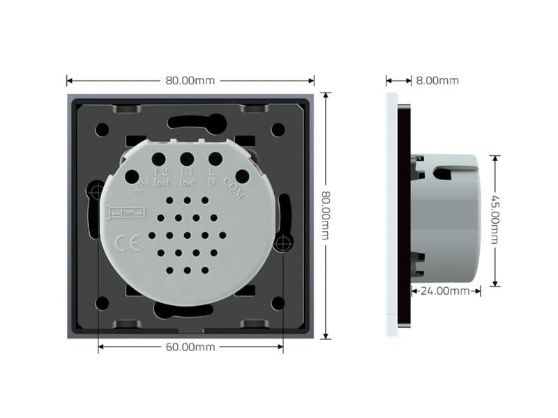 Interruptor sencillo de 1 cuerpo con 2 botones en color golden con función de persiana, permite subir y bajar persianas y otros elementos de la casa. Interruptor eléctrico de empotrar con cuerpo de aluminio y panel frontal táctil iluminado de cristal templado con acabado de alta calidad y diseño minimalista.