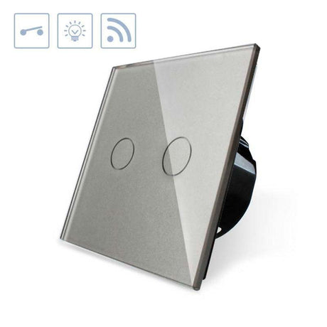 Interruptor sencillo de 1 cuerpo con 2 encendidos en color gris con función de control remoto (vía RF). Interruptor eléctrico de empotrar con cuerpo de aluminio y panel frontal táctil iluminado de cristal templado con acabado de alta calidad y diseño minimalista.