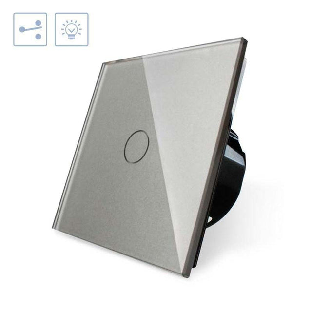 Conmutador sencillo de 1 módulo con 1 encendido en color gris. Interruptor eléctrico de empotrar con cuerpo de aluminio y panel frontal táctil iluminado de cristal templado con acabado de alta calidad y diseño minimalista.