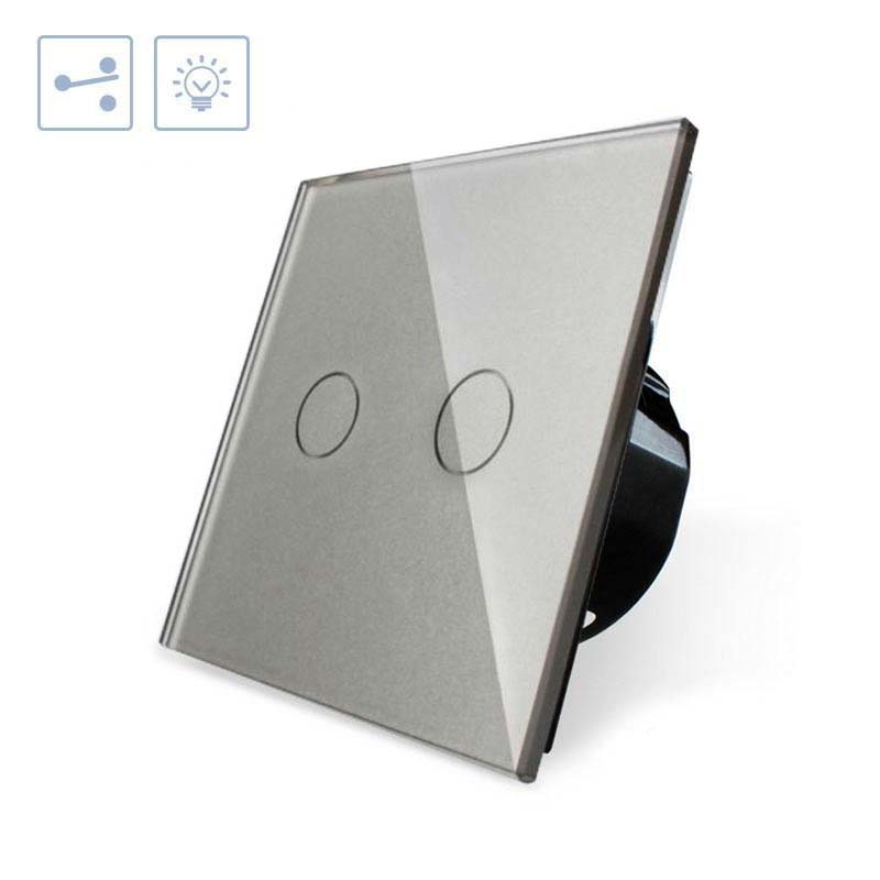 Conmutador sencillo de 1 cuerpo con 2 encendidos en color gris. Conmutador eléctrico de empotrar con cuerpo de aluminio y panel frontal táctil iluminado de cristal templado con acabado de alta calidad y diseño minimalista.