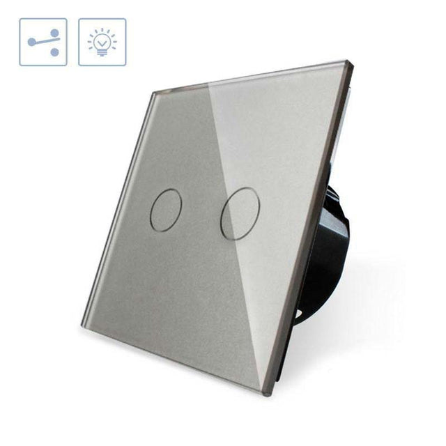 Conmutador sencillo de 1 cuerpo con 2 encendidos en color gris. Conmutador eléctrico de empotrar con cuerpo de aluminio y panel frontal táctil iluminado de cristal templado con acabado de alta calidad y diseño minimalista.