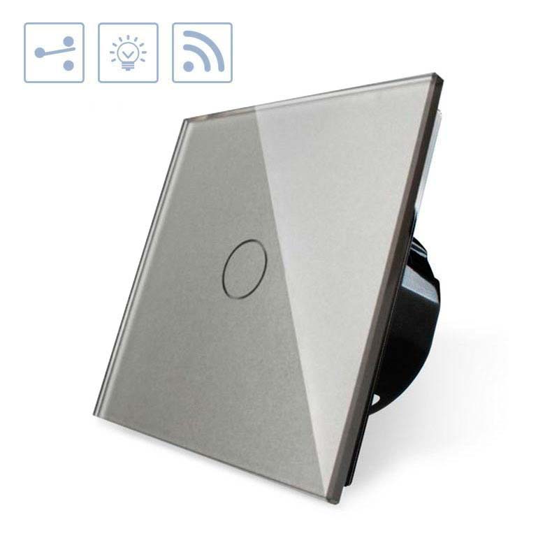 Conmutador sencillo de 1 cuerpo con 1 encendido en color gris con función de control remoto (vía RF). Conmutador eléctrico de empotrar con cuerpo de aluminio y panel frontal táctil iluminado de cristal templado con acabado de alta calidad y diseño minimalista.