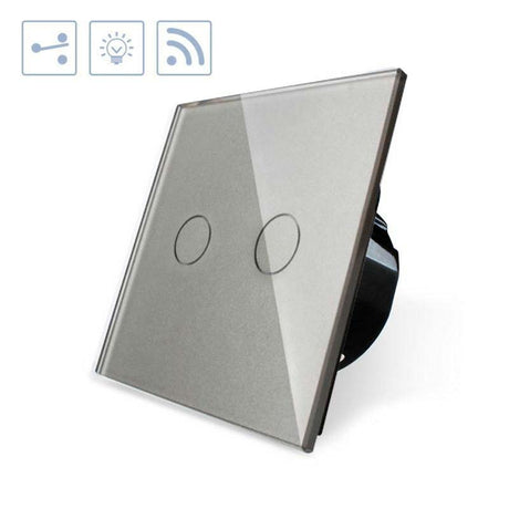 Conmutador sencillo de 1 cuerpo con 2 encendidos en color gris con función de control remoto (vía RF). Conmutador eléctrico de empotrar con cuerpo de aluminio y panel frontal táctil iluminado de cristal templado con acabado de alta calidad y diseño minimalista.