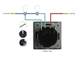 Interruptor doble de 2 cuerpos con 4 encendido en color golden con función de control remoto (vía RF). Interruptor eléctrico de empotrar con cuerpo de aluminio y panel frontal táctil iluminado de cristal templado con acabado de alta calidad y diseño minimalista.