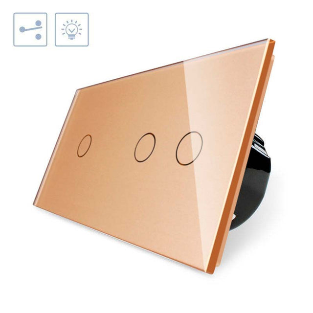 Conmutador doble de 2 cuerpos con 3 encendidos en color golden. Conmutador eléctrico de empotrar con cuerpo de aluminio y panel frontal táctil iluminado de cristal templado con acabado de alta calidad y diseño minimalista.