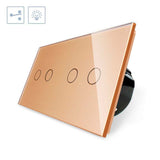 Conmutador doble de 2 cuerpos con 4 encendidos en color golden. Conmutador eléctrico de empotrar con cuerpo de aluminio y panel frontal táctil iluminado de cristal templado con acabado de alta calidad y diseño minimalista.