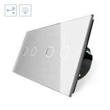 Conmutador doble de 2 cuerpos con 4 encendidos en color gris. Conmutador eléctrico de empotrar con cuerpo de aluminio y panel frontal táctil iluminado de cristal templado con acabado de alta calidad y diseño minimalista.