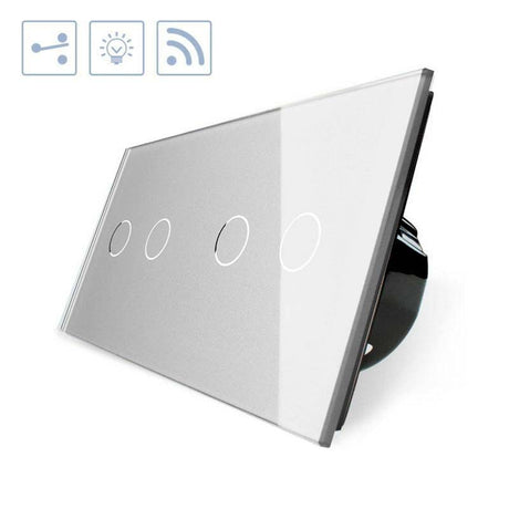 Conmutador doble de 2 cuerpos con 4 encendidos en color gris con función de control remoto (vía RF). Conmutador eléctrico de empotrar con cuerpo de aluminio y panel frontal táctil iluminado de cristal templado con acabado de alta calidad y diseño minimalista.