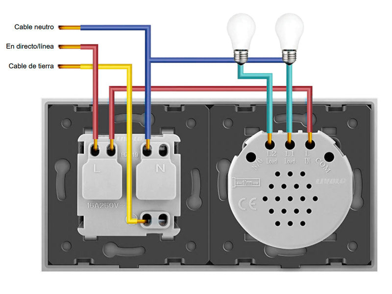 Interruptor doble de 2 cuerpos con 2 encendidos + 1 enchufe en color gris. Interruptor eléctrico de empotrar con cuerpo de aluminio y panel frontal táctil iluminado de cristal templado con acabado de alta calidad y diseño minimalista.