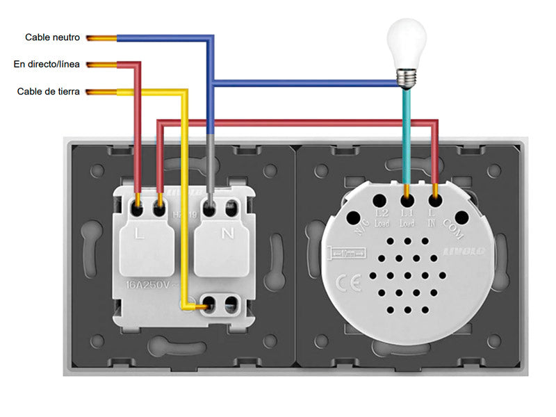 Interruptor doble de 2 cuerpos con 1 encendido + 1 enchufe en color gris con función de control remoto (vía RF). Interruptor eléctrico de empotrar con cuerpo de aluminio y panel frontal táctil iluminado de cristal templado con acabado de alta calidad y diseño minimalista.