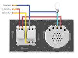 Conmutador doble de 2 cuerpos con 1 encendido + 1 enchufe en color gris. Interruptor eléctrico de empotrar con cuerpo de aluminio y panel frontal táctil iluminado de cristal templado con acabado de alta calidad y diseño minimalista.