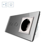 Conmutador doble de 2 cuerpos con 2 encendidos + 1 enchufe en color gris. Interruptor eléctrico de empotrar con cuerpo de aluminio y panel frontal táctil iluminado de cristal templado con acabado de alta calidad y diseño minimalista.