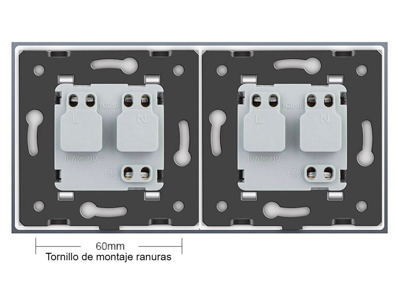 Enchufe doble tipo SCHUKO EU de 16A, compuesto de mecanismo (base) + clavija plástico + panel frontal vidrio. Mecanismo eléctrico de empotrar con cuerpo de aluminio y panel frontal de cristal templado con acabado de alta calidad y diseño minimalista.