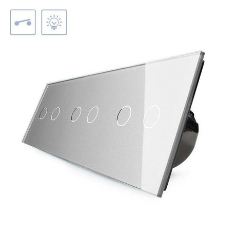 Interruptor de 3 módulos con 6 encendidos en color gris. Interruptor eléctrico de empotrar con cuerpo de aluminio y panel frontal táctil iluminado de cristal templado con acabado de alta calidad y diseño minimalista.