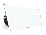 Interruptor de 3 módulos con 6 encendidos en color gris. Interruptor eléctrico de empotrar con cuerpo de aluminio y panel frontal táctil iluminado de cristal templado con acabado de alta calidad y diseño minimalista.