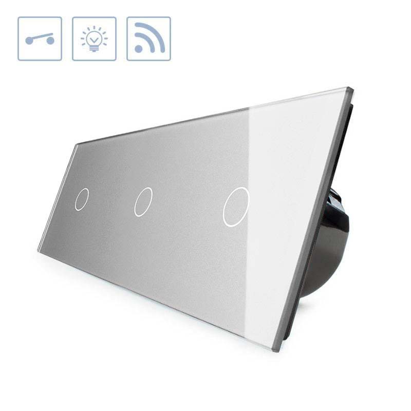 Interruptor de 3 cuerpos con 3 encendidos en color gris con función de control remoto (vía RF). Interruptor eléctrico de empotrar con cuerpo de aluminio y panel frontal táctil iluminado de cristal templado con acabado de alta calidad y diseño minimalista.