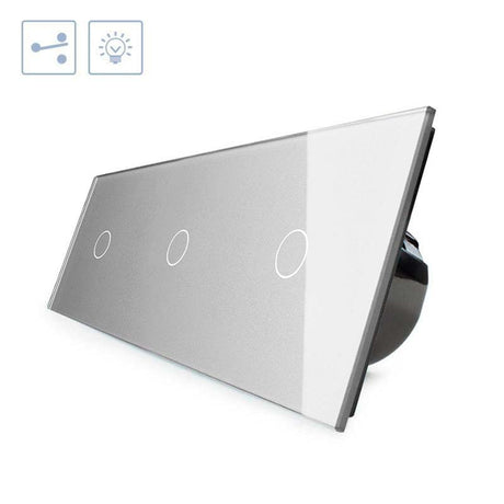 Conmutador de 3 módulos con 3 encendidos en color gris. Interruptor eléctrico de empotrar con cuerpo de aluminio y panel frontal táctil iluminado de cristal templado con acabado de alta calidad y diseño minimalista.