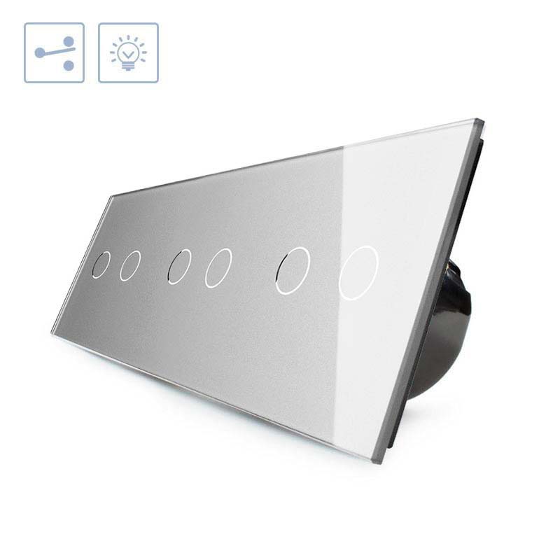 Conmutador de 3 módulos con 6 encendidos en color gris. Interruptor eléctrico de empotrar con cuerpo de aluminio y panel frontal táctil iluminado de cristal templado con acabado de alta calidad y diseño minimalista.