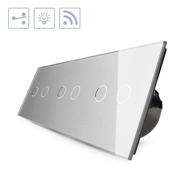 Conmutador de 3 cuerpos con 6 encendidos en color gris con función de control remoto (vía RF). Interruptor eléctrico de empotrar con cuerpo de aluminio y panel frontal táctil iluminado de cristal templado con acabado de alta calidad y diseño minimalista.