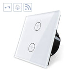 Interruptor táctil sencillo de 1 módulo con 2 encendidos en color blanco. Interruptor eléctrico de empotrar con cuerpo de aluminio y panel frontal táctil iluminado de cristal templado con acabado de alta calidad y diseño minimalista. Control por WiFi, App Ios, Android, por voz, Alexa, Google Home. 