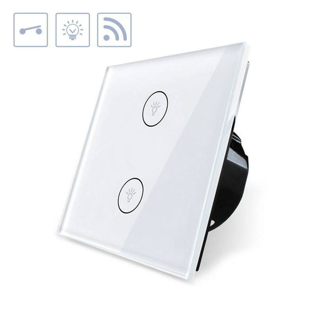 Interruptor táctil sencillo de 1 módulo con 2 encendidos en color blanco. Interruptor eléctrico de empotrar con cuerpo de aluminio y panel frontal táctil iluminado de cristal templado con acabado de alta calidad y diseño minimalista. Control por WiFi, App Ios, Android, por voz, Alexa, Google Home. 