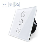 Interruptor táctil sencillo de 1 módulo con 3 encendidos en color blanco. Interruptor eléctrico de empotrar con cuerpo de aluminio y panel frontal táctil iluminado de cristal templado con acabado de alta calidad y diseño minimalista. Control por WiFi, App IOs, Android, por voz, Alexa, Google Home. 