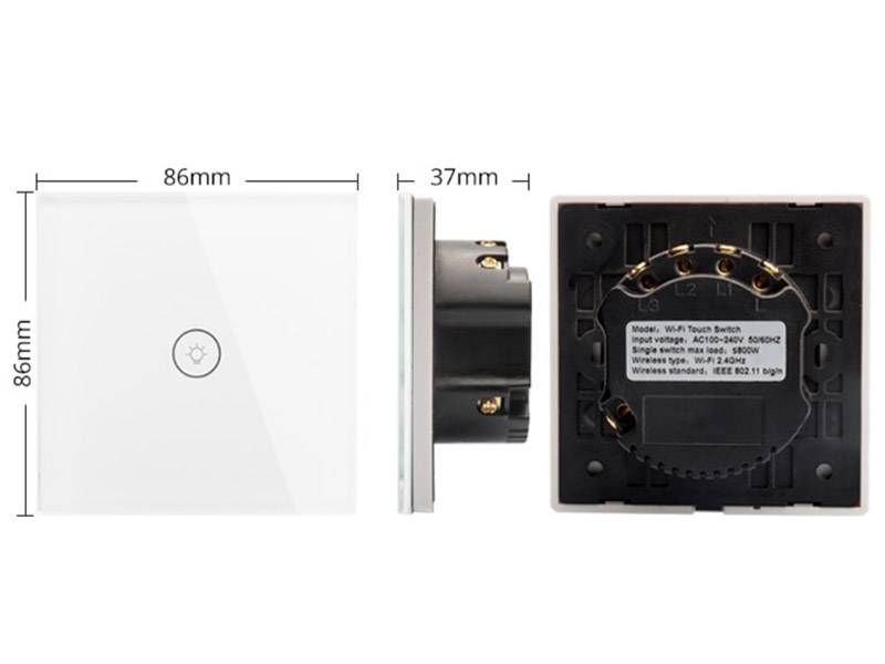 Interruptor táctil sencillo de 1 módulo con 3 encendidos en color blanco. Interruptor eléctrico de empotrar con cuerpo de aluminio y panel frontal táctil iluminado de cristal templado con acabado de alta calidad y diseño minimalista. Control por WiFi, App IOs, Android, por voz, Alexa, Google Home. 