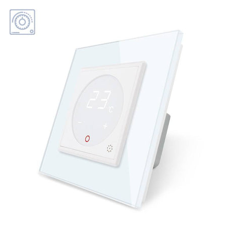 Mecanismo sencillo de 1 cuerpo con termostato de color blanco y display digital táctil para controlar fácilmente la temperatura de la calefacción. Con cuerpo de aluminio y panel frontal de cristal templado con acabado de alta calidad y diseño minimalista. Incluye sonda externa.