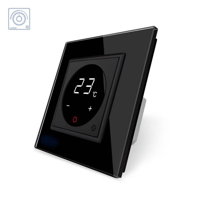 Mecanismo sencillo de 1 cuerpo con termostato de color preto y display digital táctil para controlar fácilmente la temperatura de la calefacción. Con cuerpo de aluminio y panel frontal de cristal templado con acabado de alta calidad y diseño minimalista. Incluye sonda externa.