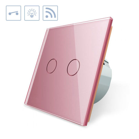 Interruptor sencillo de 1 cuerpo con 2 encendidos en color rosa con función de control remoto (vía RF). Interruptor eléctrico de empotrar con cuerpo de aluminio y panel frontal táctil iluminado de cristal templado con acabado de alta calidad y diseño minimalista.