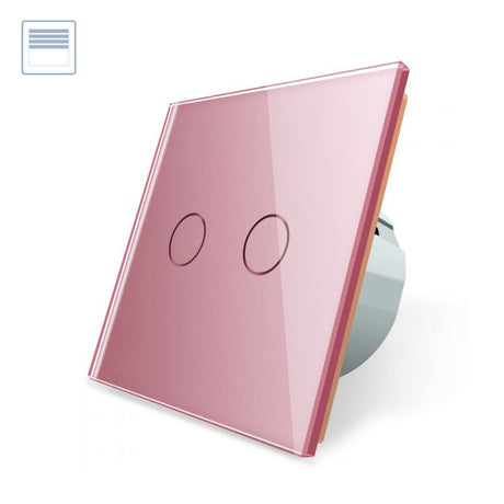 Interruptor sencillo de 1 cuerpo con 2 botones en color rosa con función de persiana, permite subir y bajar persianas y otros elementos de la casa. Interruptor eléctrico de empotrar con cuerpo de aluminio y panel frontal táctil iluminado de cristal templado con acabado de alta calidad y diseño minimalista.