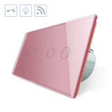 Interruptor doble de 2 cuerpos con 4 encendido en color rosa con función de control remoto (vía RF). Interruptor eléctrico de empotrar con cuerpo de aluminio y panel frontal táctil iluminado de cristal templado con acabado de alta calidad y diseño minimalista.