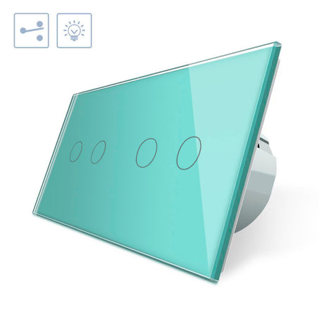 Conmutador doble de 2 cuerpos con 4 encendidos en color verde. Conmutador eléctrico de empotrar con cuerpo de aluminio y panel frontal táctil iluminado de cristal templado con acabado de alta calidad y diseño minimalista.