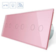 Interruptor de 3 cuerpos con 6 encendidos en color rosa con función de control remoto (vía RF). Interruptor eléctrico de empotrar con cuerpo de aluminio y panel frontal táctil iluminado de cristal templado con acabado de alta calidad y diseño minimalista.