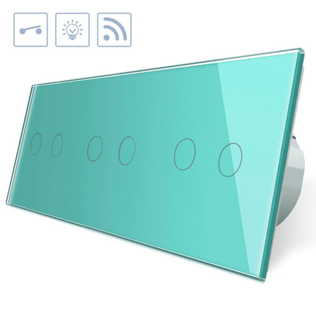 Interruptor de 3 cuerpos con 6 encendidos en color verde con función de control remoto (vía RF). Interruptor eléctrico de empotrar con cuerpo de aluminio y panel frontal táctil iluminado de cristal templado con acabado de alta calidad y diseño minimalista.