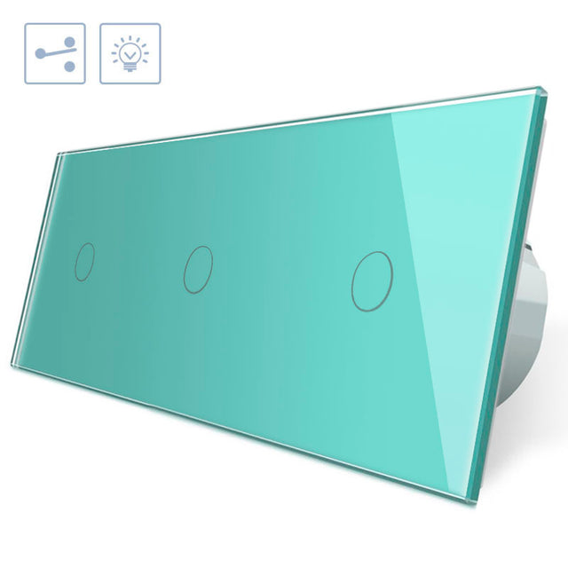 Conmutador de 3 módulos con 3 encendidos en color verde. Interruptor eléctrico de empotrar con cuerpo de aluminio y panel frontal táctil iluminado de cristal templado con acabado de alta calidad y diseño minimalista.