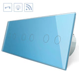 Interruptor de 3 cuerpos con 6 encendidos en color azul con función de control remoto (vía RF). Interruptor eléctrico de empotrar con cuerpo de aluminio y panel frontal táctil iluminado de cristal templado con acabado de alta calidad y diseño minimalista.